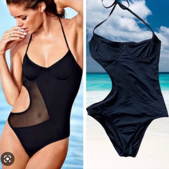 VictoriasSecret Mesh Side Cut Out One Piece Swimsuit Black Size S - Picture 2 of 9